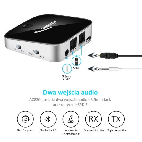 Adapter bluetooth 2 w 1 transmiter odbiornik Audiocore AC830 - Apt-X Spdif - Chipset CSR BC8670 Adapter bluetooth 2 w 1 transmiter odbiornik Audiocore AC830 - Apt-X Spdif - Chipset CSR BC8670