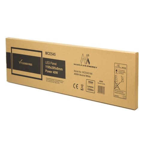Panel LED Maclean, sufitowy, slim 40W, 3200lm, 1195x295x8mm, barwa neutralna biała (4000K), raster, FLICKER-FREE, MCE545 NW Panel LED Maclean, sufitowy, slim 40W, 3200lm, 1195x295x8mm, barwa neutralna biała (4000K), raster, FLICKER-FREE, MCE545 NW