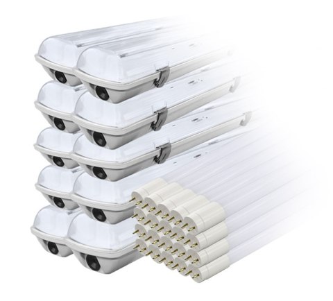 Zestaw: 10x oprawa hermetyczna lampa led ip65 + 20x świetlówka led 120cm 18w t8 4000k g13 neutralna Zestaw: 10x oprawa hermetyczna lampa led ip65 + 20x świetlówka led 120cm 18w t8 4000k g13 neutralna