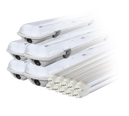 Zestaw: 5x oprawa hermetyczna lampa led ip65 1-stronna+ 10x świetlówka led 120cm 18w t8 6000k 1-stronna zimna