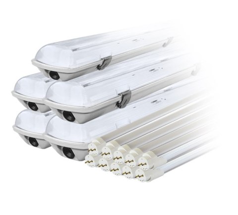 Zestaw: 5x oprawa hermetyczna lampa led ip65 1-stronna+ 10x świetlówka led 120cm 18w t8 6000k 1-stronna zimna Zestaw: 5x oprawa hermetyczna lampa led ip65 1-stronna+ 10x świetlówka led 120cm 18w t8 6000k 1-stronna zimna