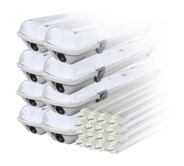 Zestaw: 8x oprawa hermetyczna lampa led ip65 1-stronna+ 16x świetlówka led 120cm 18w t8 6000k 1-stronna zimna