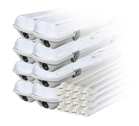 Zestaw: 8x oprawa hermetyczna lampa led ip65 1-stronna+ 16x świetlówka led 120cm 18w t8 6000k 1-stronna zimna Zestaw: 8x oprawa hermetyczna lampa led ip65 1-stronna+ 16x świetlówka led 120cm 18w t8 6000k 1-stronna zimna