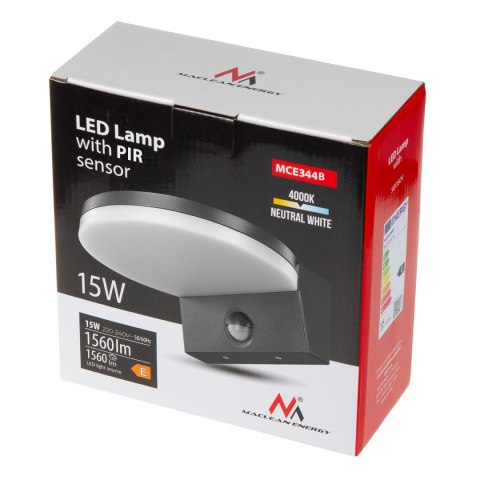 Lampa LED z czujnikiem ruchu Maclean, czujnik ruchu PIR, kolor czarny, 15W, IP65, 1560lm, barwa neutralna biała (4000K) MCE344 B Lampa LED z czujnikiem ruchu Maclean, czujnik ruchu PIR, kolor czarny, 15W, IP65, 1560lm, barwa neutralna biała (4000K) MCE344 B
