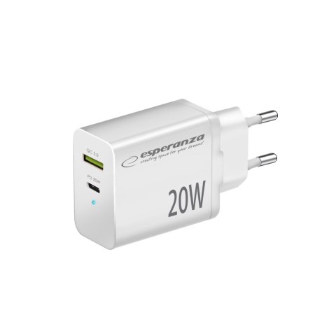 EZC105W Esperanza ładowarka sieciowa 20w usb-c pd 20w / usb-a qc 3.0 18w biała EZC105W Esperanza ładowarka sieciowa 20w usb-c pd 20w / usb-a qc 3.0 18w biała
