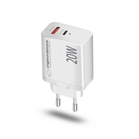 EZC105W Esperanza ładowarka sieciowa 20w usb-c pd 20w / usb-a qc 3.0 18w biała EZC105W Esperanza ładowarka sieciowa 20w usb-c pd 20w / usb-a qc 3.0 18w biała