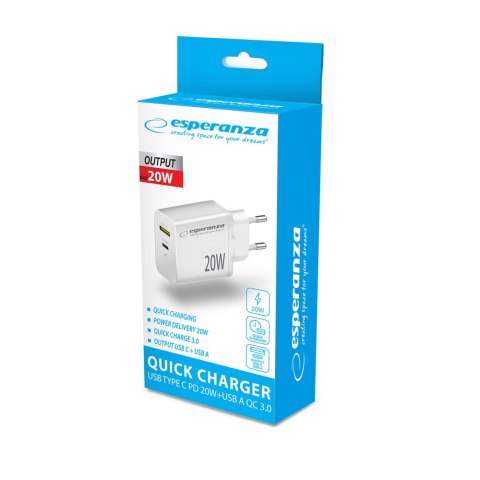 EZC105W Esperanza ładowarka sieciowa 20w usb-c pd 20w / usb-a qc 3.0 18w biała EZC105W Esperanza ładowarka sieciowa 20w usb-c pd 20w / usb-a qc 3.0 18w biała