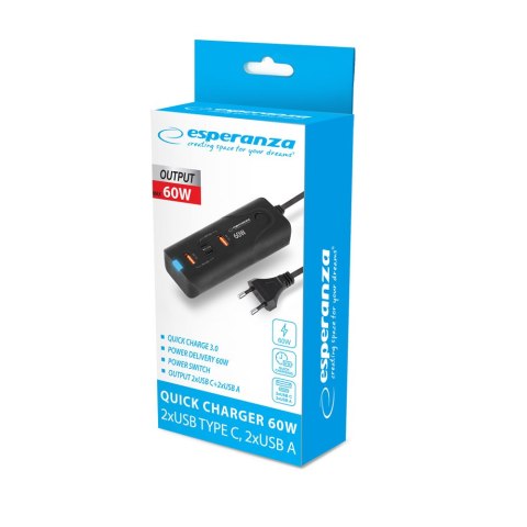 EZC109 Esperanza ładowarka sieciowa 60w 2x usb-c pd 30w / 2x usb-a qc 3.0 18w EZC109 Esperanza ładowarka sieciowa 60w 2x usb-c pd 30w / 2x usb-a qc 3.0 18w
