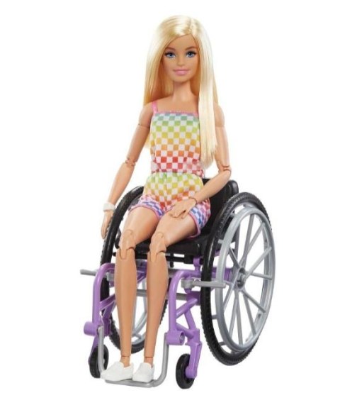 Lalka barbie fashionistas na wózku strój w kratkę Lalka barbie fashionistas na wózku strój w kratkę
