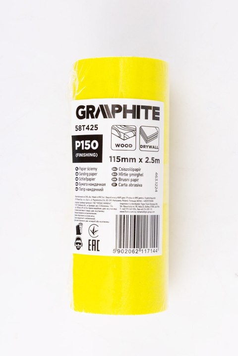 Papier ścierny żółty w rolce 2,5 m x 115 mm, P150 Papier ścierny żółty w rolce 2,5 m x 115 mm, P150