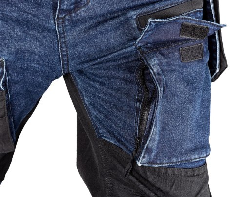 Spodnie robocze DENIM, wzmocnienia Cordura, odpinane kieszenie kaburowe, granatowe, rozmiar S Spodnie robocze DENIM, wzmocnienia Cordura, odpinane kieszenie kaburowe, granatowe, rozmiar S