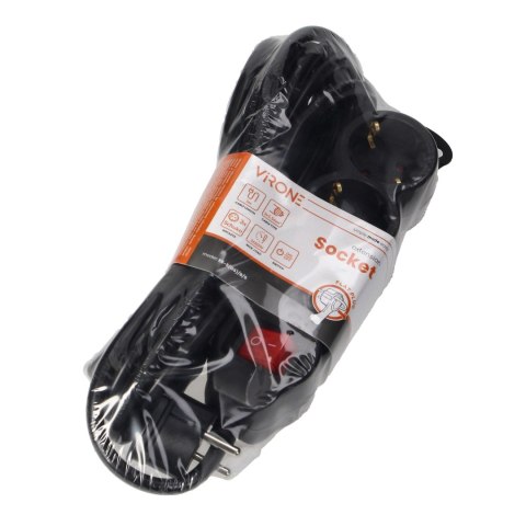 Przedłużacz 3-krotny 2P+Z (Schuko), z wyłącznikiem, 5m H05VV-F 3x1,5mm2, Imax=16A, płaska wtyczka, czarny Przedłużacz 3-krotny 2P+Z (Schuko), z wyłącznikiem, 5m H05VV-F 3x1,5mm2, Imax=16A, płaska wtyczka, czarny