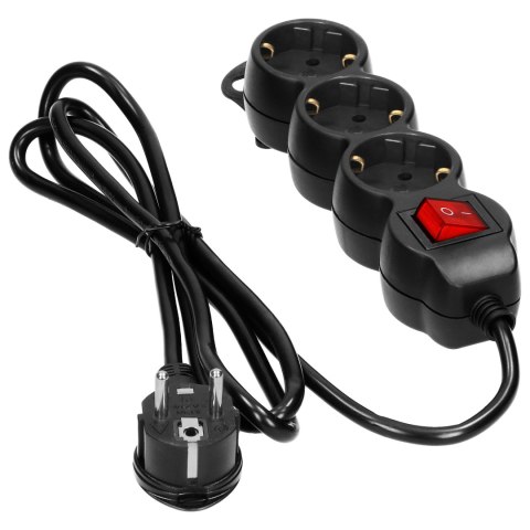Przedłużacz 3-krotny 2P+Z (Schuko), z wyłącznikiem, 5m H05VV-F 3x1,5mm2, Imax=16A, płaska wtyczka, czarny Przedłużacz 3-krotny 2P+Z (Schuko), z wyłącznikiem, 5m H05VV-F 3x1,5mm2, Imax=16A, płaska wtyczka, czarny