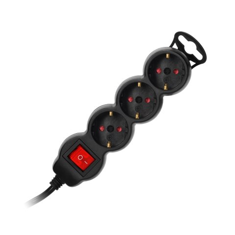 Przedłużacz 3-krotny 2P+Z (Schuko), z wyłącznikiem, 5m H05VV-F 3x1,5mm2, Imax=16A, płaska wtyczka, czarny Przedłużacz 3-krotny 2P+Z (Schuko), z wyłącznikiem, 5m H05VV-F 3x1,5mm2, Imax=16A, płaska wtyczka, czarny