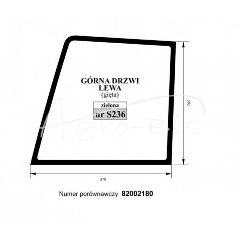 Szyba drzwi górna lewa gięta zielona New Holland 82002180 Szyba drzwi górna lewa gięta zielona New Holland 82002180